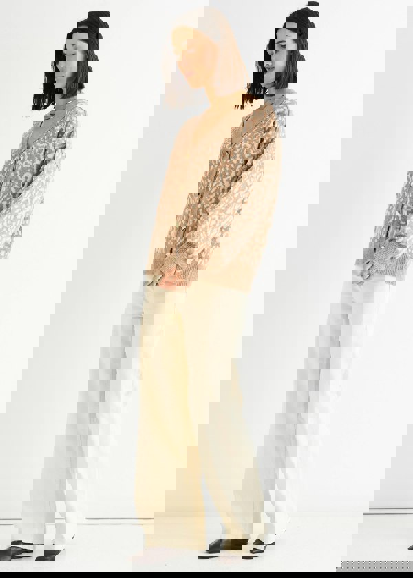 Gini London Camel Animal Print Wool Mix Cardigan Look Jumper