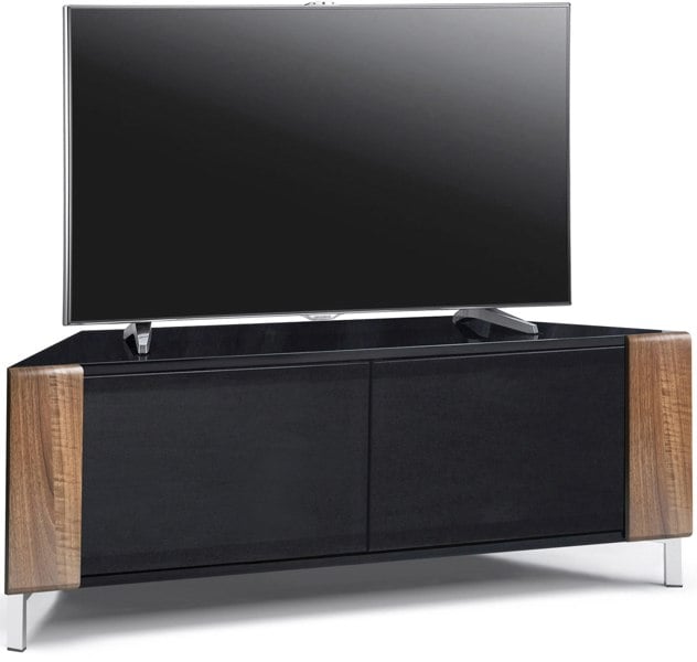 MDA Designs CORVUS Corner-Friendly Gloss Black Contemporary Cabinet with Walnut Profiles Black BeamThru Glass Doors for Flat Screen TVs up to 50"