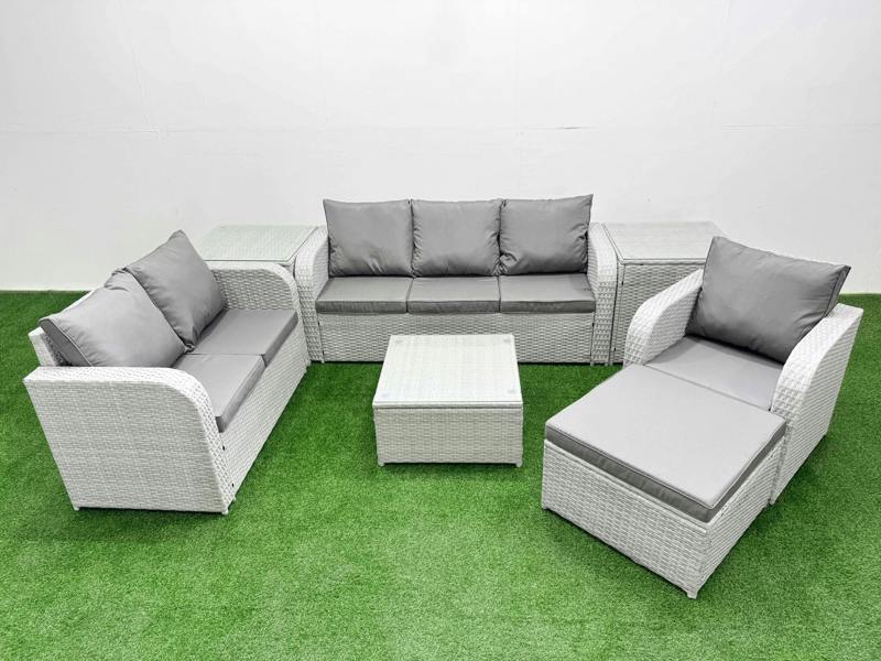 Fimous 7 Seater Outdoor Set, PE Wicker, Square Coffee Table, Reclining Chair, Loveseat, 3 Seater Sofa, Big Footstool and 2 Side Tables, Light Grey