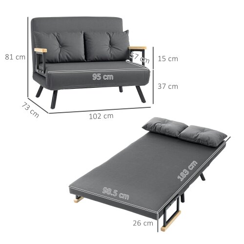 Wyld Haus Dima Velvet Dark Grey 4 In One Convertible Double Sofa Bed With Cushions and Wooden Armrests