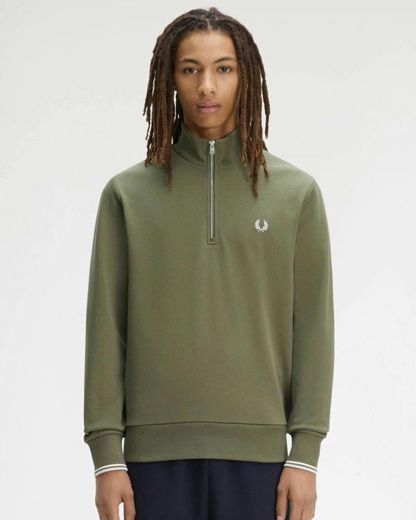Fred Perry Mens Half Zip Sweatshirt - Laurel Wreath Green/Ecru/Dusky Blue 87B | CHO | Designer Mens Sweatshirts