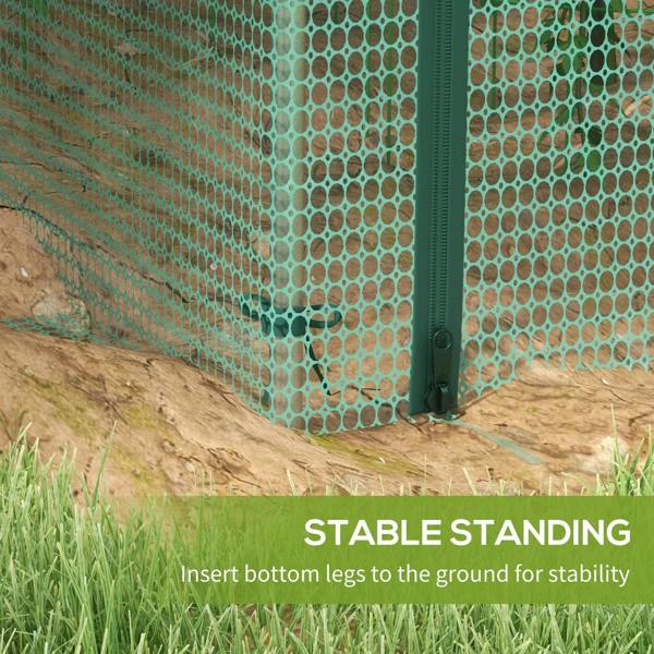 Green wire mesh plant cage with side door panel and U-shaped base legs for stability.