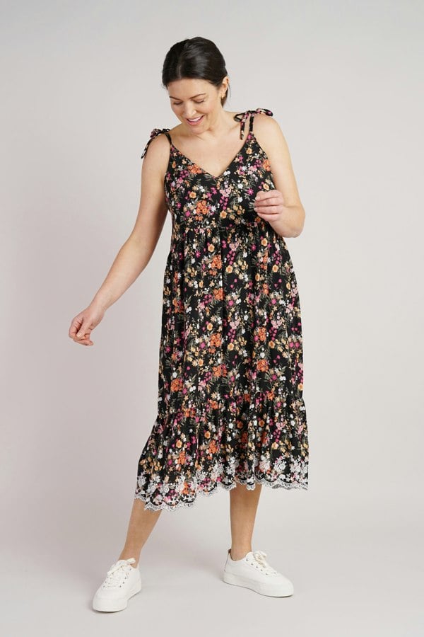 Antonia York Black Floral Sundress | Natalia Softly Gathered Strappy Dress with Broderie Anglaise Flounce