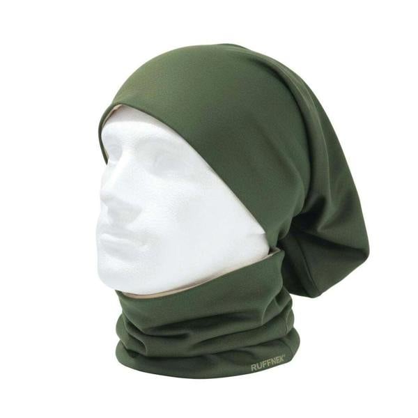 Reversible stretchy Snood, Country Green and Stone supersoft RUFFNEK scarf. Two scarves shown one as a neck warmer / neck gaiter and the other as a headscarf worn on a male mannequin head.