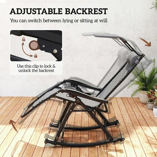 Grey adjustable backrest rocking recliner chair with padded headrest and seat