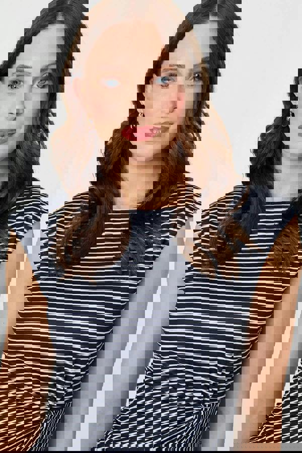 Navy | Striped Ruched Cap Sleeve Asymmetric Top