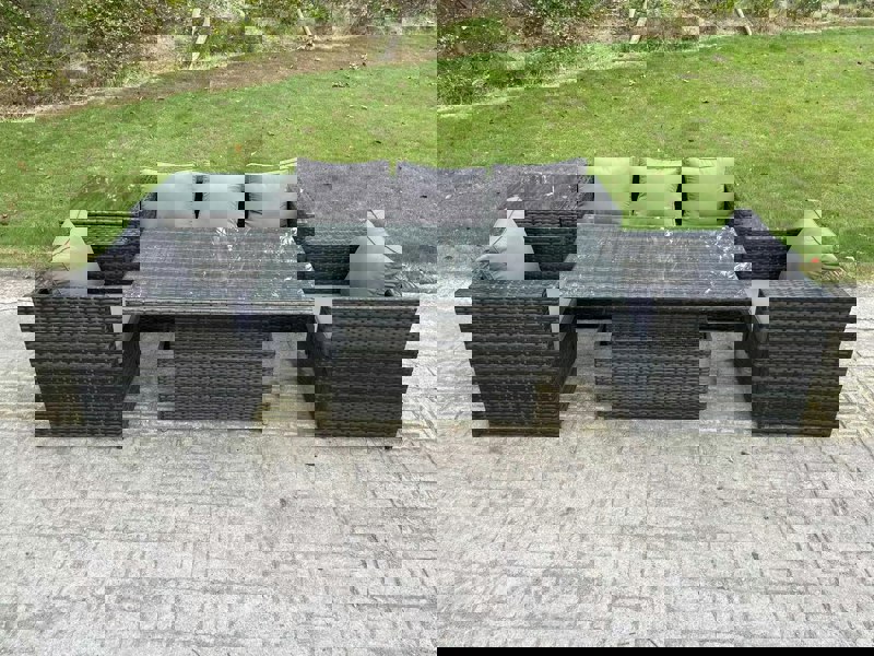 Fimous Outdoor Rattan Garden Furniture Sofa Set Patio Adjustable Rising Lifting Dining Table Set with Side Table 2 Armchairs Dark Grey Mixed