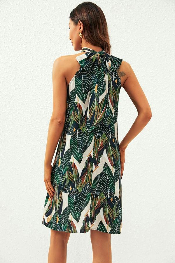FS Collection Leaf Print Halter Neck Tie Back Mini Dress In Green