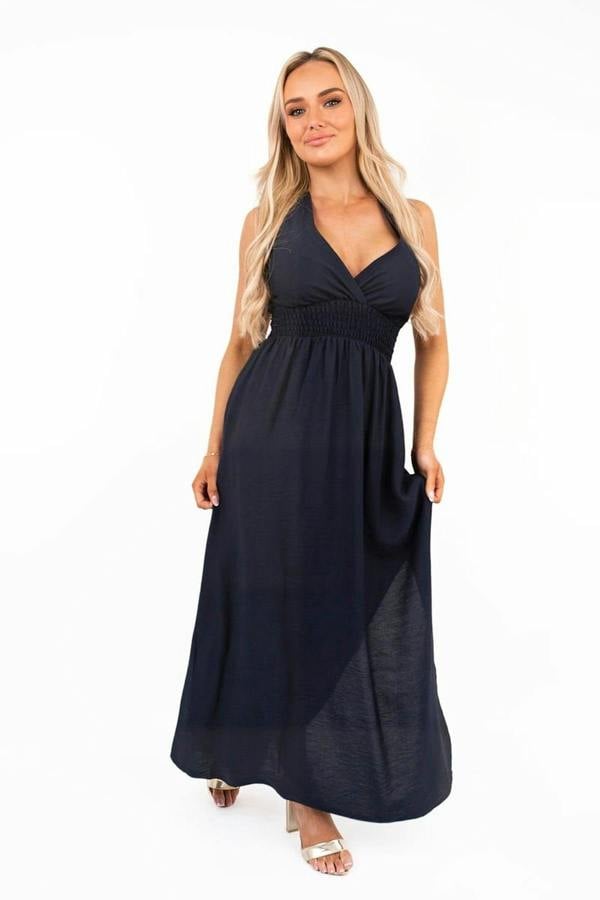 Talina Cross Back Maxi Dress With Ruched Waist - Navy