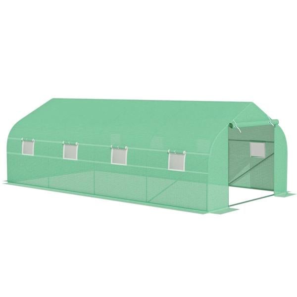 Green walk-in greenhouse tent with side windows and front door
