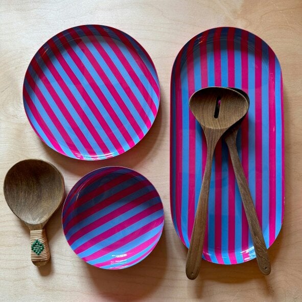 Love Frankie Large Stripy Oval Trays - 5 Colours Available - Large Oval Stripy Trayin Powder Blue and Hot Pink