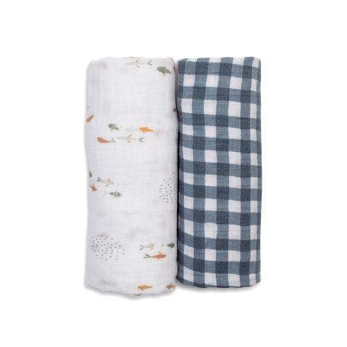 Lulujo - Cotton Swaddle - Fish & Navy Gingham - 2 Pack