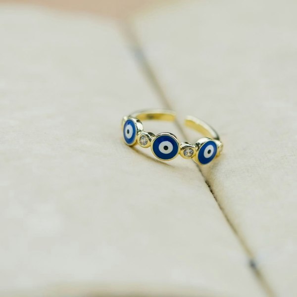 The Colourful Aura Adjustable Blue White Evil Eye Protection Slim Stacking Ring