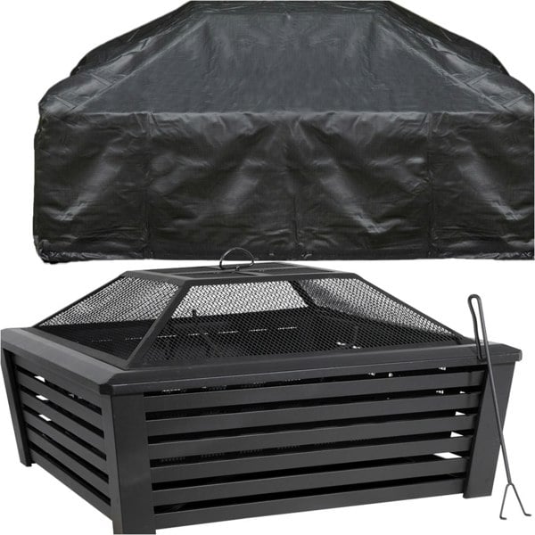89cm Square Black Fire Pit Wood Burner & Cover Set - Outdoor Garden Heater Mesh