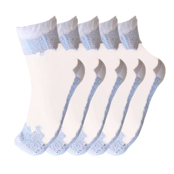 Anysox Anyfootwear 5 Pairs Size 5-9 Fashion Socks Summer Lace Embroidery Breathable Silk Transparent Glass Crystal Stretch for Women Sky Blue