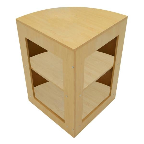 Maple corner display counter with two open shelves, featuring a smooth surface and rounded edges, ideal for retail settings