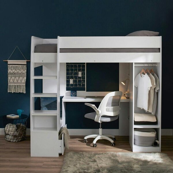 Flair Harry High Sleeper with Desk & Wardrobe White