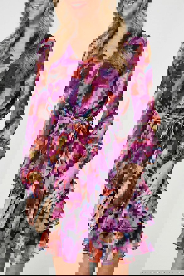 Purple | Floral Ruffled Tie Waist Mini Dress
