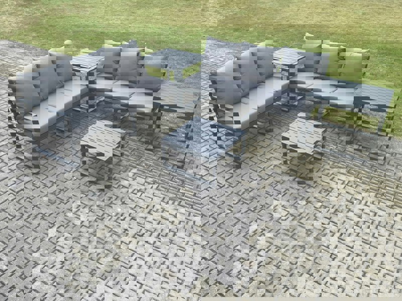 Fimous Aluminium 5 Pieces Garden Furniture Sofa Set with Cushions 6 Seater Outdoor Patio Set with Square Coffee Table 2 Side Tables Dark Grey