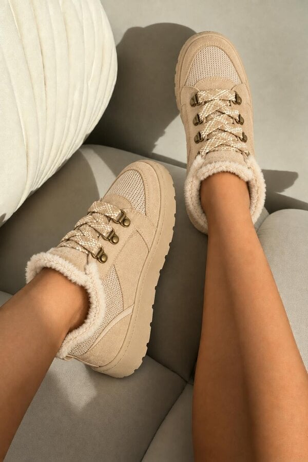 Love Lemonade Hudson Comfort Faux Suede Check Lace Faux Fur Lined Trainers Mocha