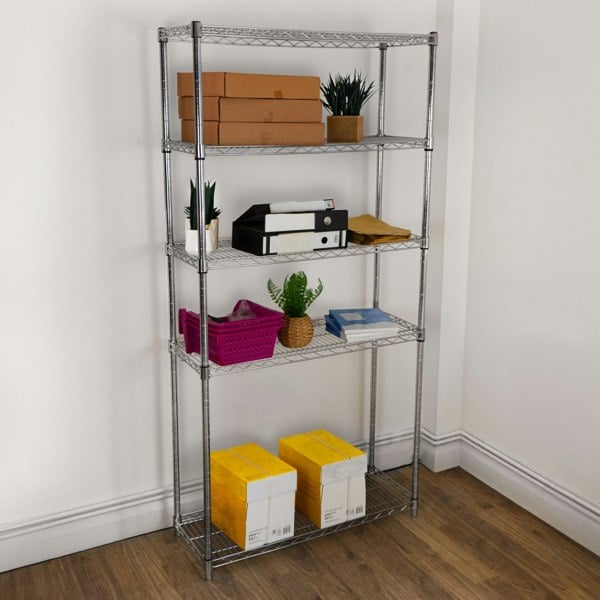 KuKoo wire racking unit in chrome finish, featuring five shelves, organized with boxes, plants, and office supplies, ideal for storage