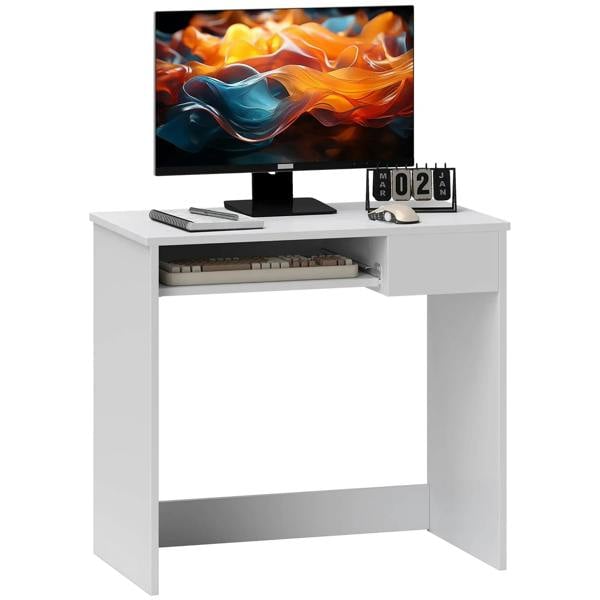 White compact computer desk with built-in keyboard tray and open storage compartment