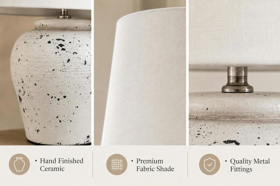 Downton Interiors White Distressed Ceramic Table Lamp with Plain Shade (G2124 Plain)