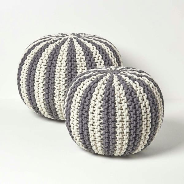 HOMESCAPES Off White and Grey Knitted Pouffe Striped Footstool