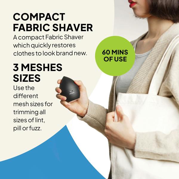 A woman with a Fridja Commercial Garment Care Duo—f1600 Steamer & f40 Fabric Shaver—near her tote. Text highlights 60 minutes use, three mesh sizes to trim lint, pills, or fuzz and restore clothes to look brand new.