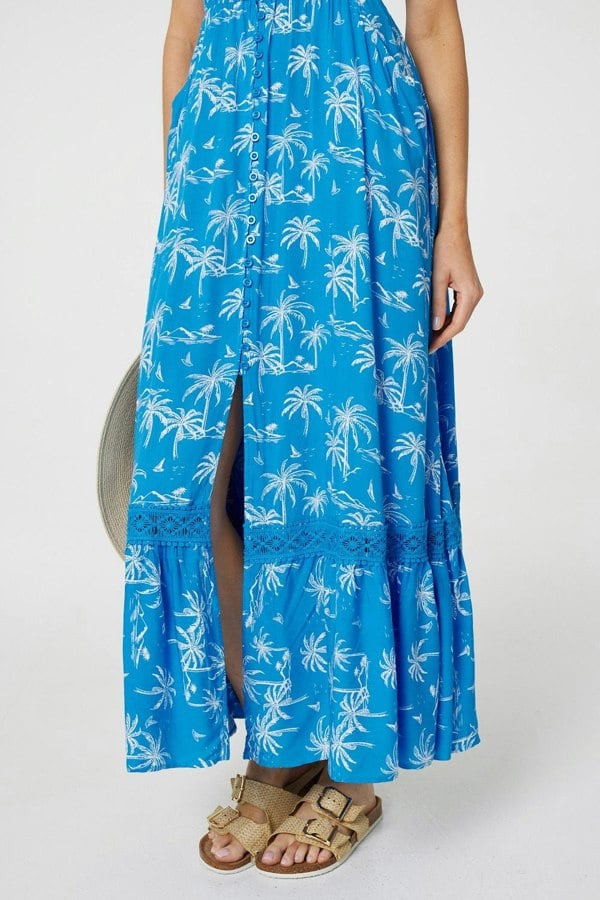 Blue | Tropical Print Angel Sleeve Maxi Dress