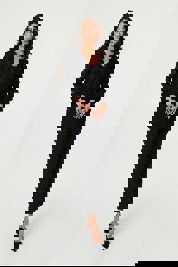 Black | Lace Embellished V-Neck Long Sleeve Top
