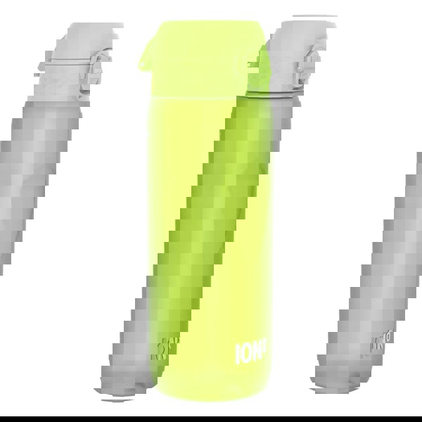 A lime-green ION8 water bottle stands upright against a white background. The bottle has a hinged, green lid.
