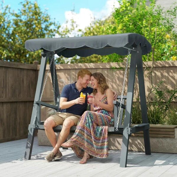 2 Seater Garden Swing Seat with Canopy, Wooden Swing Chair, Outdoor Hammock Bench for Balcony Patio Porch, Grey - Grey