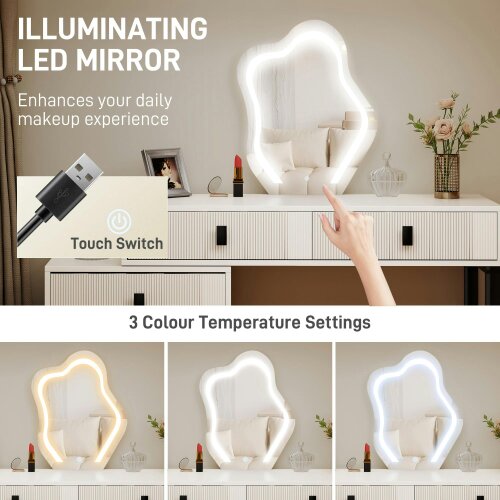 Wyld Haus Nalomo White Vanity Desk With Leaf ShaFauxd Mirror 5 Drawers And 3 Colour LED Lighting