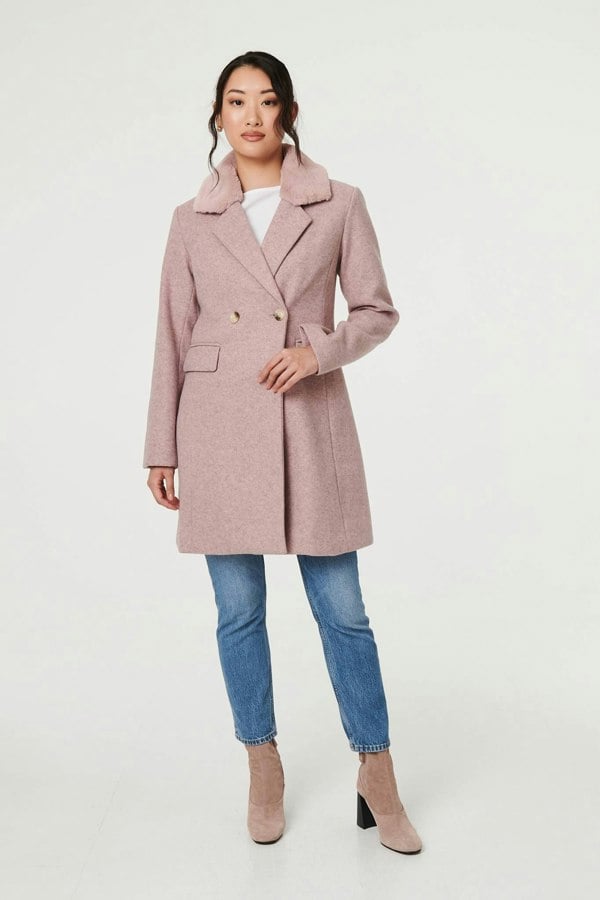 Pink | Fur Trim Double Breasted Longline Coat
