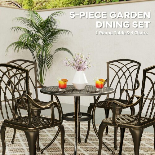 Wyld Haus Sake 4 Seater Garden Dining Set Bronze Cast Aluminium Round Table with Parasol Hole
