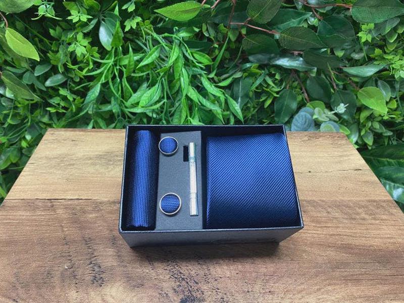 Charles Grey Tie, Pocket Square, Cuff Link & Tie Clip Set - Navy Blue