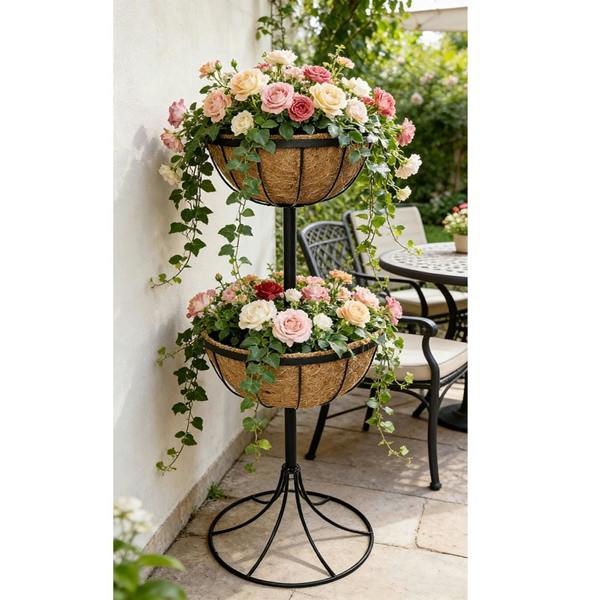 Gr8 Garden 2 Tier Flower Fountain Planter With Coco Liners Metal Outdoor Garden Decor Patio