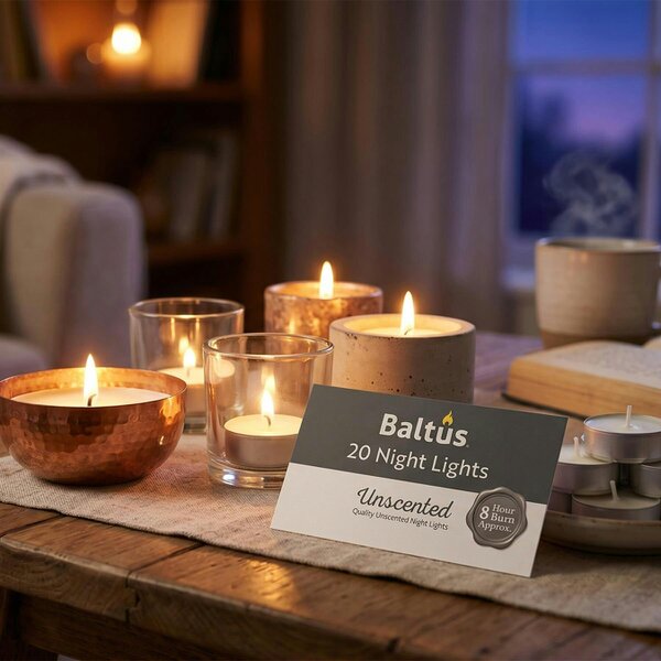 Baltus Unscented Tealight Candles, Pack of 20, Up to 8 Hour Burn Time