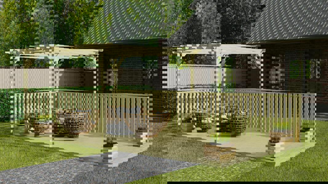 Rectangular pergola and decking kit with balustrade, made from pressure treated timber and high quality pergola posts, featuring a raised wooden deck, vertical slatted balustrade, and an open pergola roof frame.