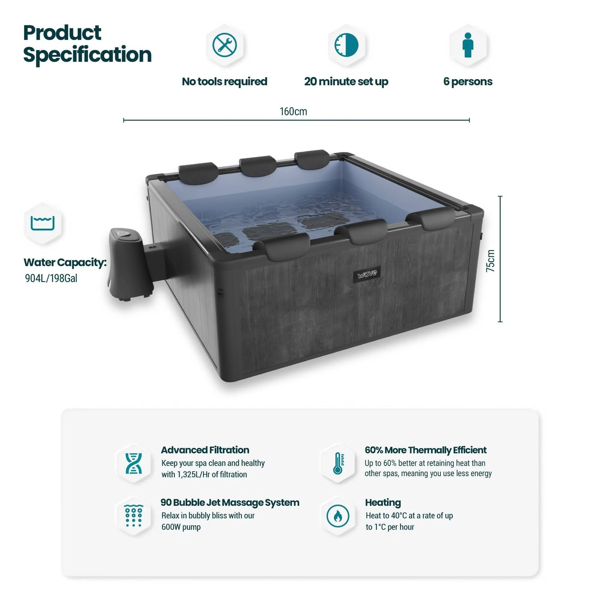 Wave Adriatic | 6 Person Square Aluminium Frame Hot Tub | Black Wood | UKCE