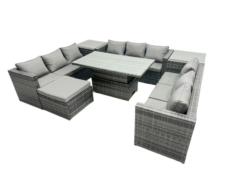 Fimous U Shape Rattan Gardern Furniture Dining Sofa Set Adjustable Rising Dining Table With 2 Side Coffee Table Extra Big Footstool