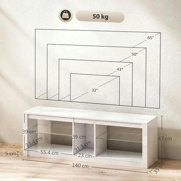 TV Stand Cabinet with LED Lights and Remote Control for TVs up to 65", Entertainment Centre with Storage Shelves, White