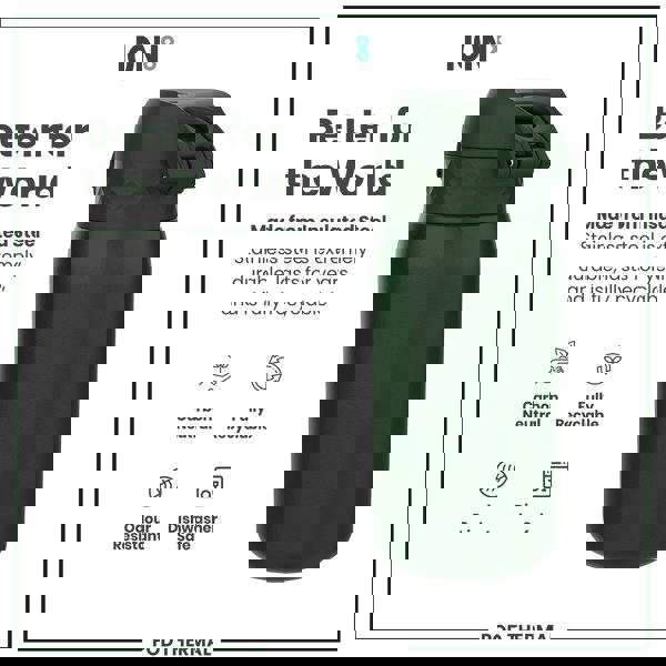 A dark-green insulated steel water bottle sits against a white background; it is made from recyclable, durable material and is dishwasher safe.