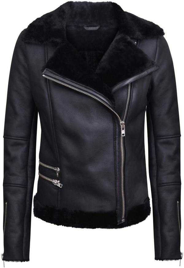 Infinity Leather Womens Black Shearling Sheepskin Aviator Jacket-Kiev