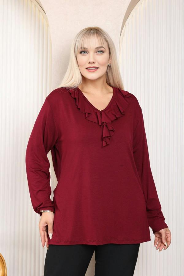 Hoxton Gal Relaxed Fit Long Sleeve Elegant Blouse with Ruffle Neckline