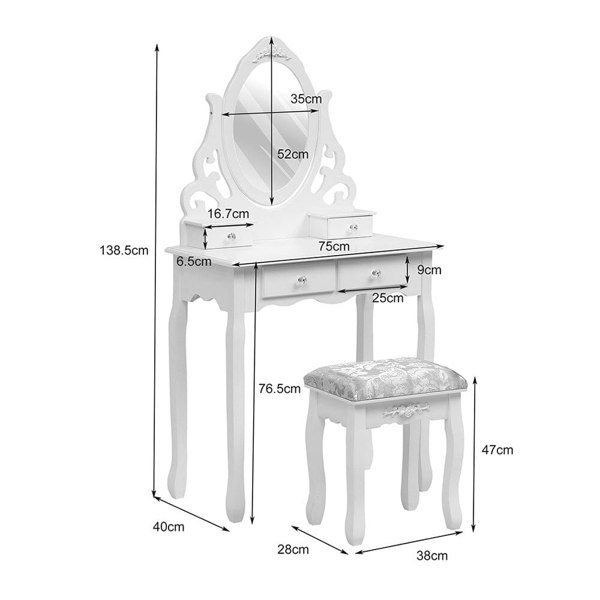 75cm W White Makeup Vanity Desk with Mirror and Stool Dressing Tables Living and Home