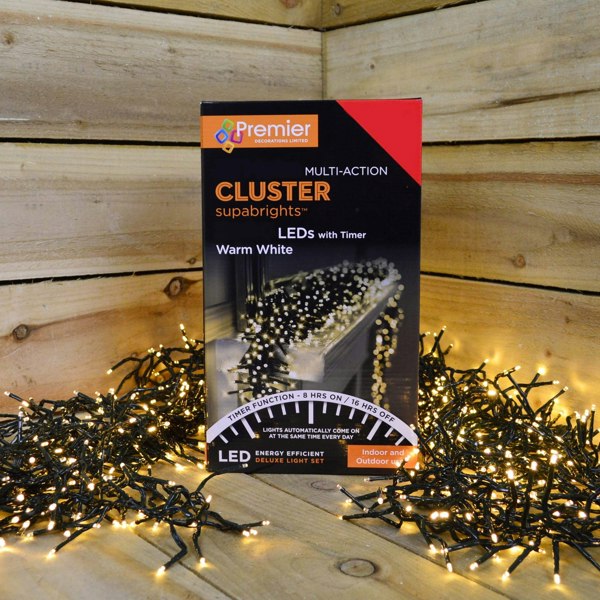 Samuel Alexander 480 LED 6.2m Premier Clusterbrights Indoor Outdoor Multifunction Mains Operated Christmas Cluster Lights with Timer in Warm White