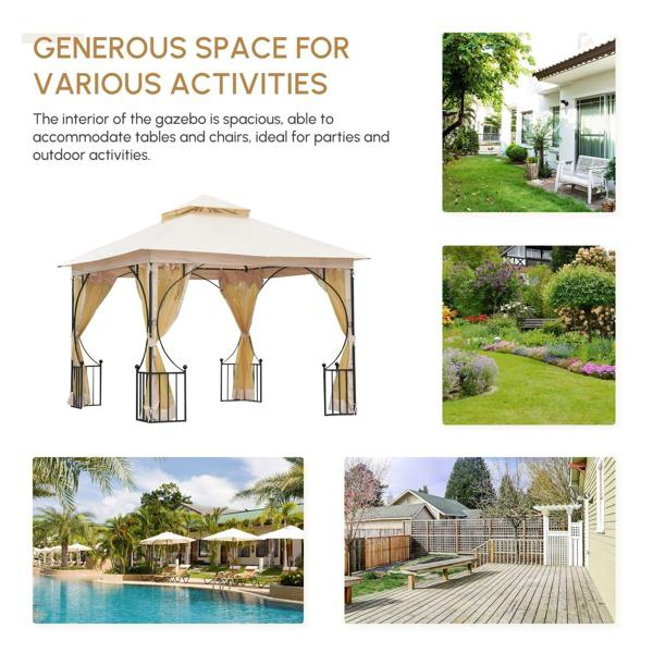Beige double-tier gazebo with sheer curtains and black arched posts