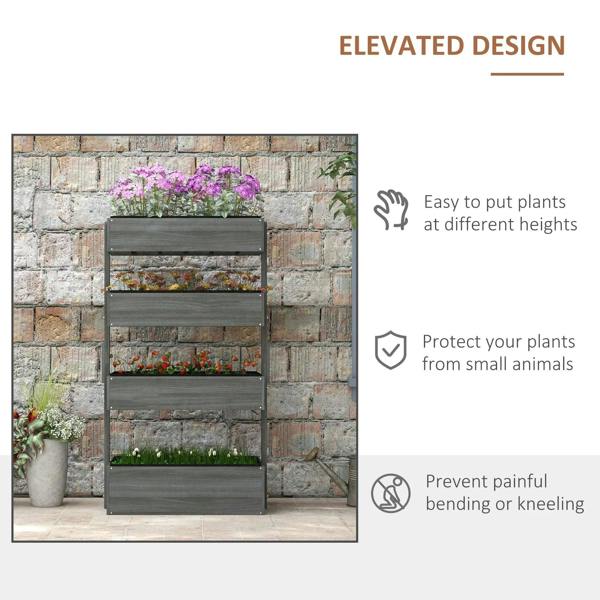 Grey wooden four-tier plant stand with open shelves for plants at different heights